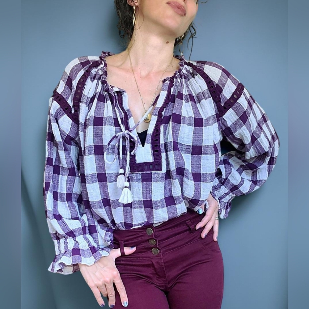 Free People Honey Grove Purple Plum Plaid Boho Tassels Women's Top - Picture 4 of 8